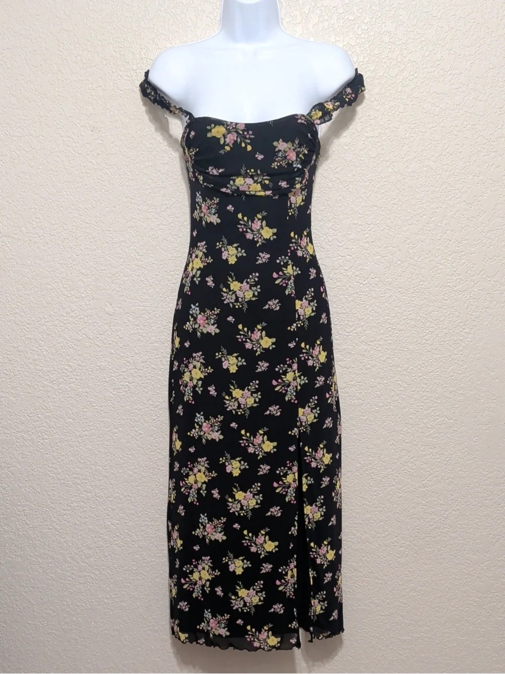 Off-Shoulder Black Floral Midi Dress with Yellow & Pink Blooms